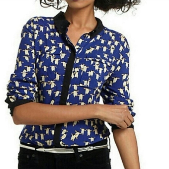 Maeve Tops - Maeve Penguin Patterned Button-Up Shirt